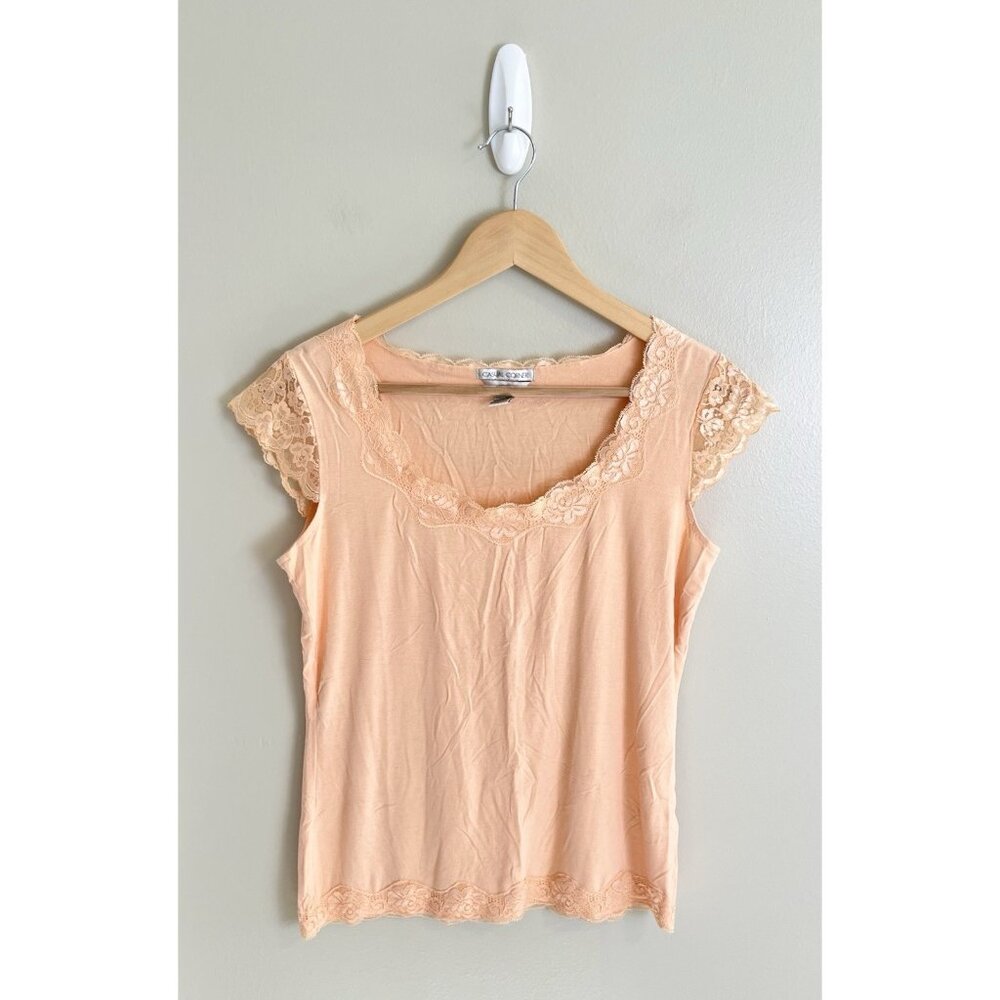 Casual Corner Women’s Top Lace Sleeves Trim Peach Orange Stretch Sz Medium